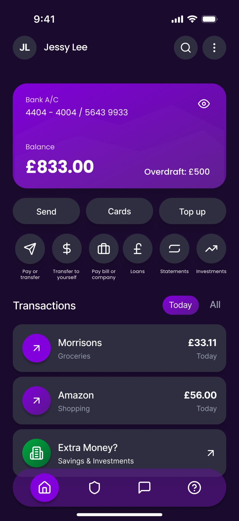 Fintech Mobile App - ACO Bank mobile interface showing account balance and quick actions
