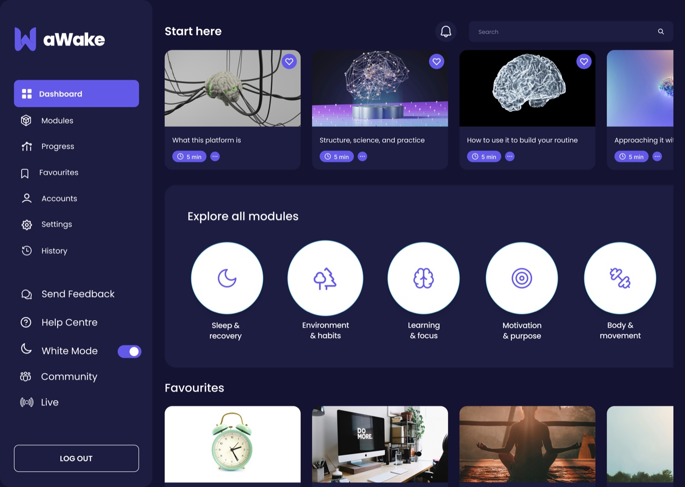 Holistic Self-Growth Platform Concept - Awake platform dashboard