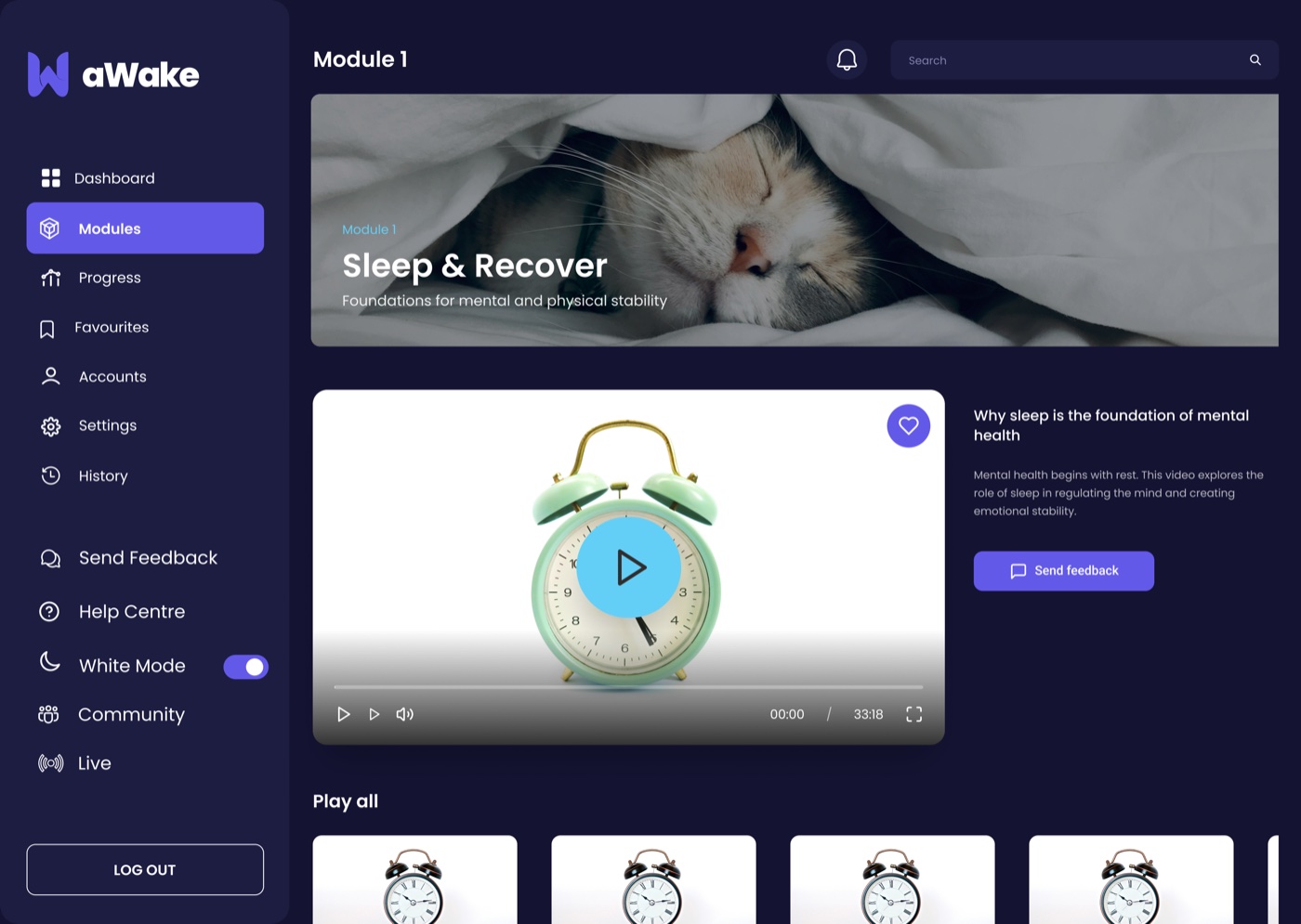 Awake module learning interface with video player and class list
