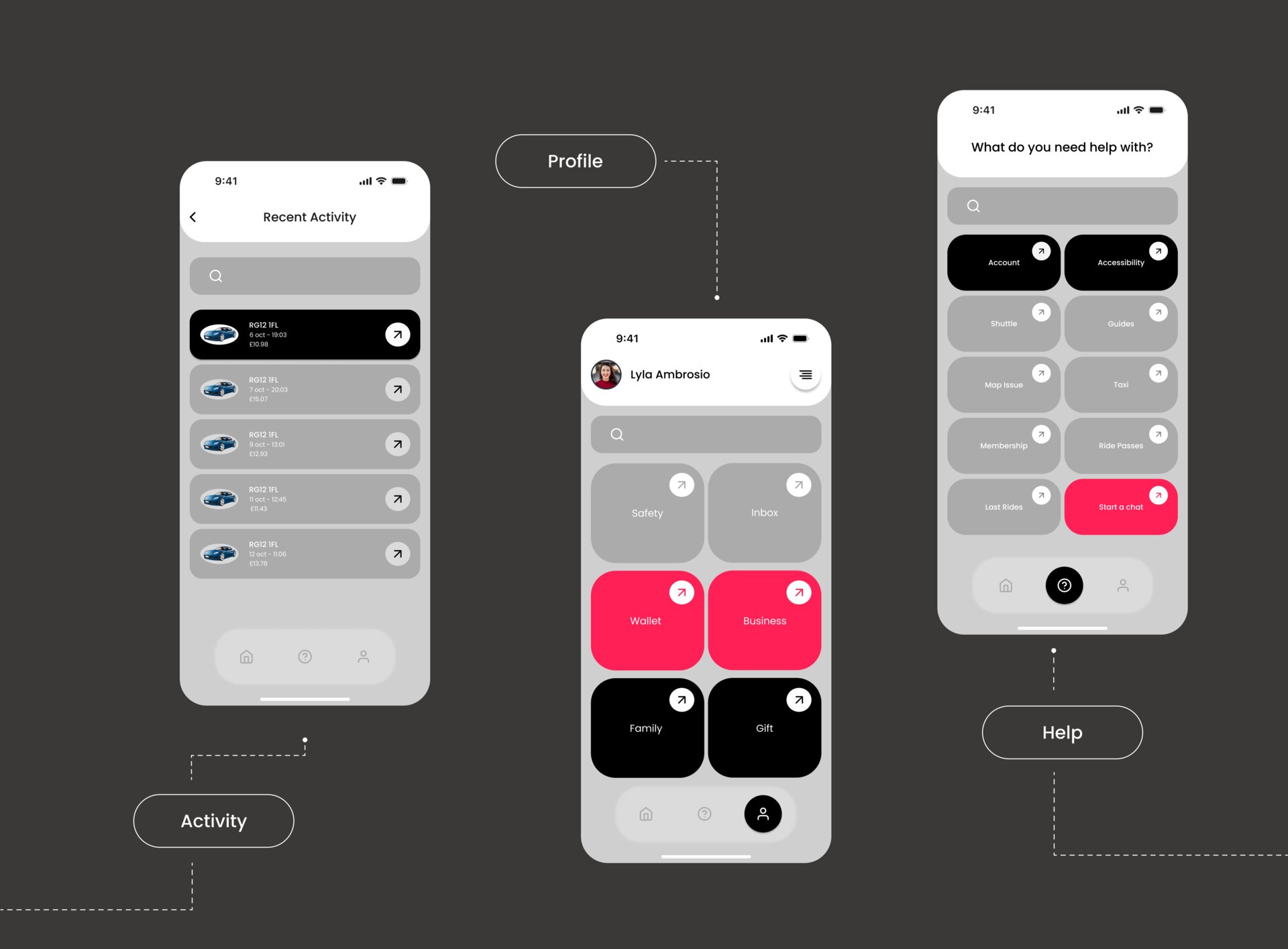 Butterfly Activity, Profile, and Help center screens