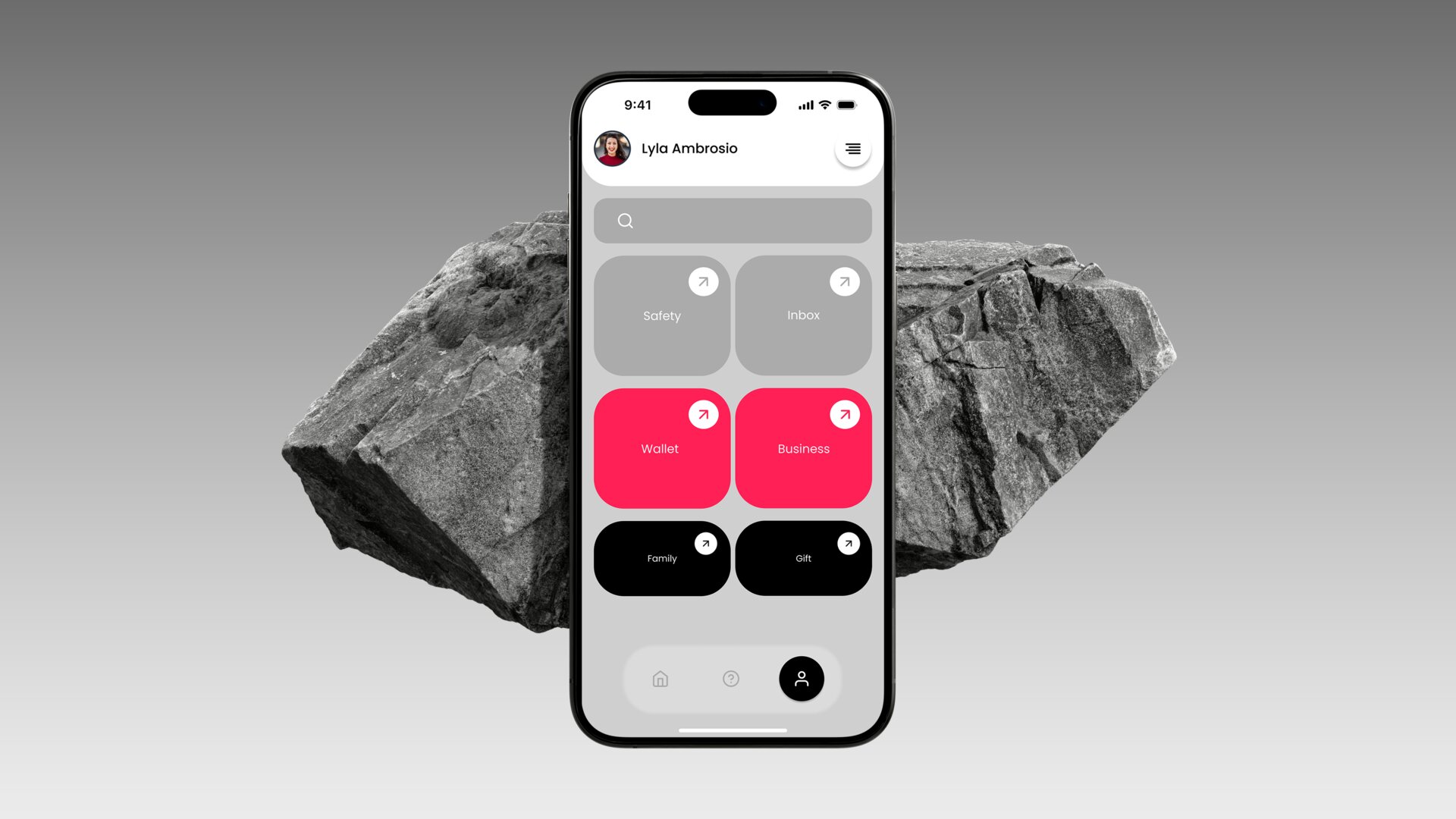 Butterfly Profile screen mockup on iPhone with stone background