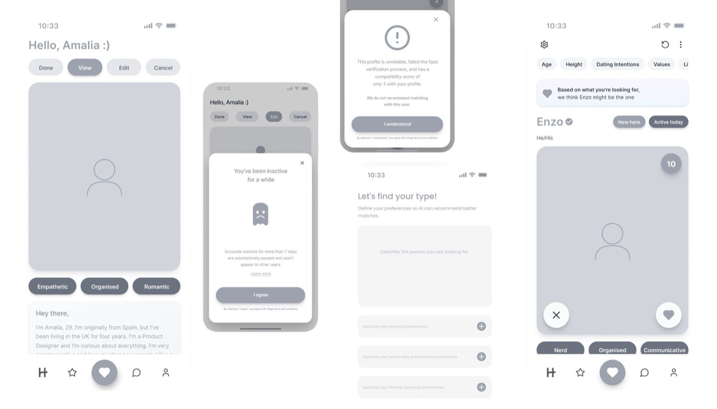Hinge low-fidelity wireframes showing profile creation, matching, and messaging flows