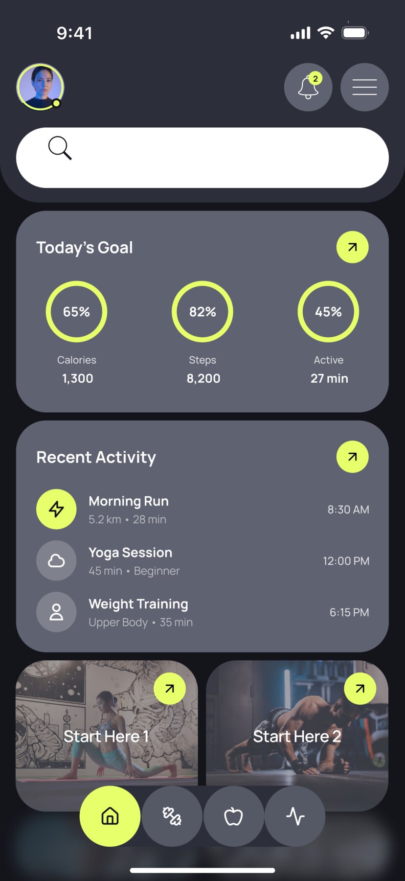 Fitness App dashboard showing daily goals and recent activity