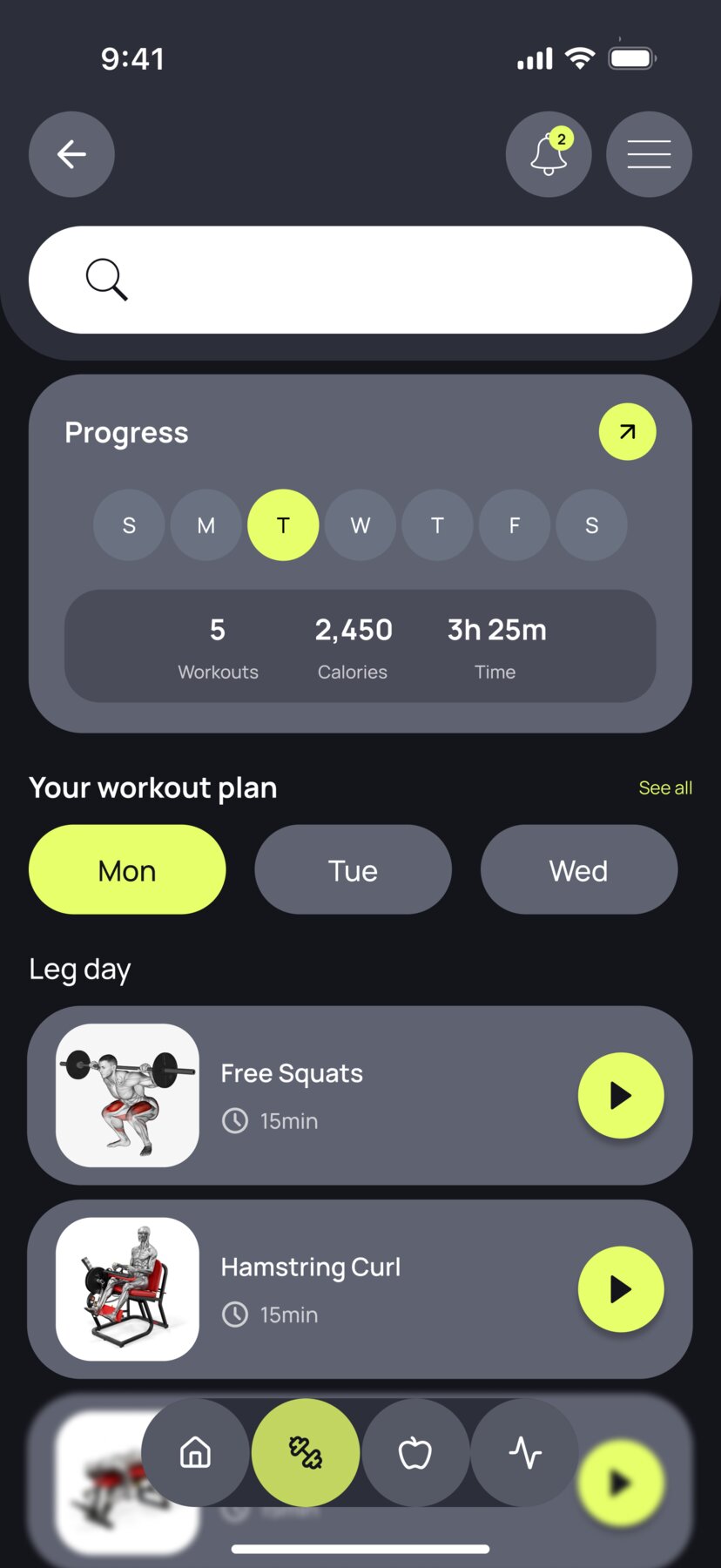 Fitness App workout plan screen with exercise list