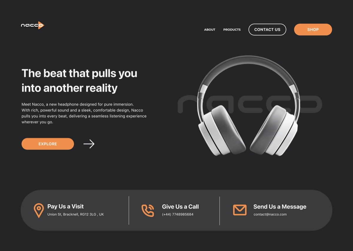 Nacco landing page hero section with headphone product showcase